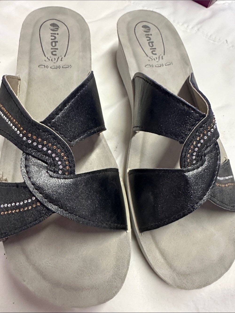 Women's Black Slip-On Rhinestone Accent Sandals